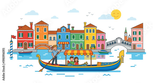 Colorful venetian canal scene with gondola and cheerful travelers