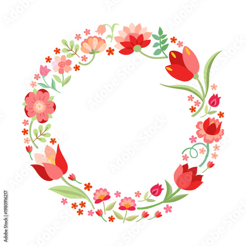 Floral wreath from red and pink flowers on white background. Beautiful card design template.