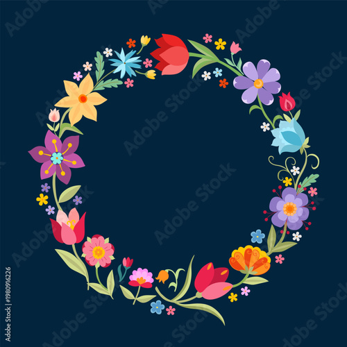 Colorful floral wreath. Round composition with flowers. Beautiful template for cards, decorative plates, napkins, pillowcases.