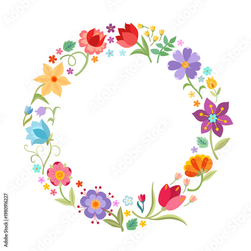 Beautiful floral wreath with colorful flowers on white background. Design for greeting and invitation cards. 