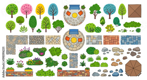 A colorful top down view of various garden and landscape elements