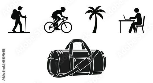 Icons depicting travel work and leisure activities in black and white