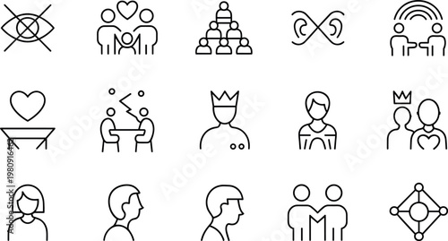 Social relationships and human interaction icon set featuring communication love connection leadership teamwork and community outline vector symbols