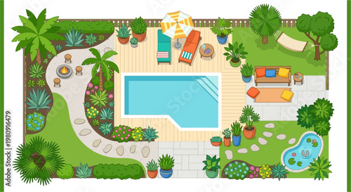 Aerial view of a vibrant backyard with a pool and outdoor furniture