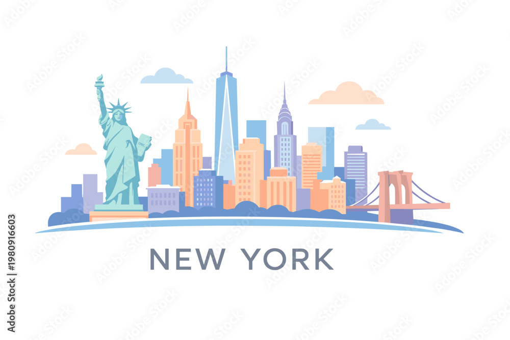 Obraz premium Bright New York Skyline Featuring One World Trade Center and Brooklyn Bridge, Pastel City Illustration