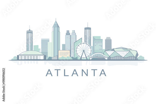 Modern Atlanta City Skyline with Ferris Wheel and Landmarks, Soft Pastel Urban Illustration