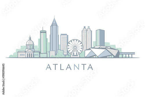 Vector 2D Flat Minimalist Illustration of Atlanta Skyline in Soft Blue, Gray and Green Tones with Ferris Wheel, Modern Buildings, Dome and Bold Text "ATLANTA"