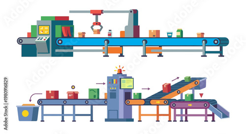 Automated factory assembly line with robotic arm and conveyor belts