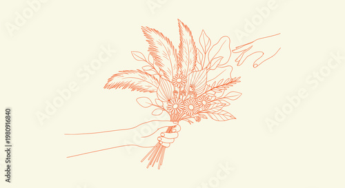 Boho minimalist line art illustration of hands holding and reaching for a bouquet of wildflowers
