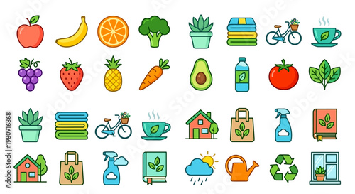 Colorful icons representing healthy food nature and sustainable living