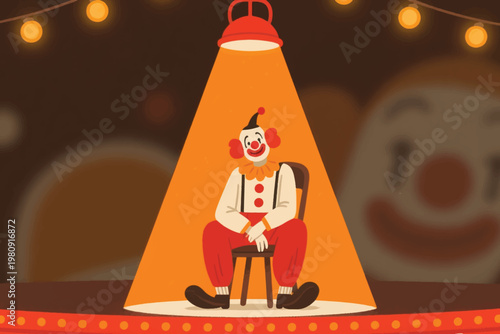 Clown sitting on chair under spotlight with ruffled collar and festive circus stage background, vector illustration.