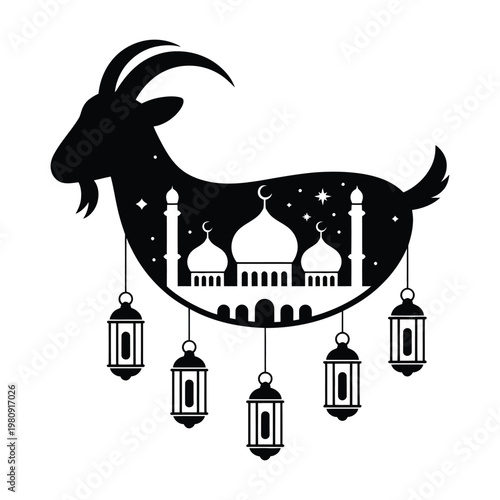 Goat silhouette with mosque and lanterns illustration, vector