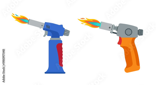 Two cartoon blowtorches with bright flames isolated on a white background