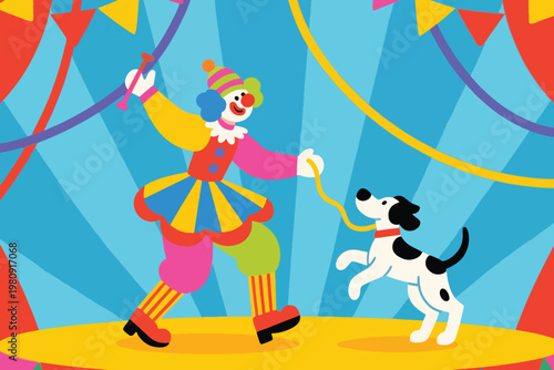 Clown in colorful costume performing with spotted dog on circus stage under festive lights and flags, vector illustration.