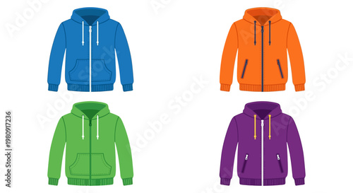 Four colorful hooded sweatshirts displayed against a white background
