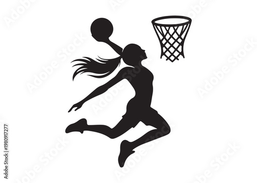women's basketball dunking logo silhouette vector, basketball logo silhouette vector illustration, sport basketball logo vector, basketball player dunking logo vector silhouette on white background