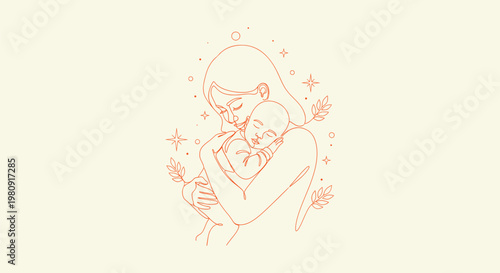 Mother Holding Sleeping Baby in Aesthetic Line Art Illustration with Celestial Botanical Elements