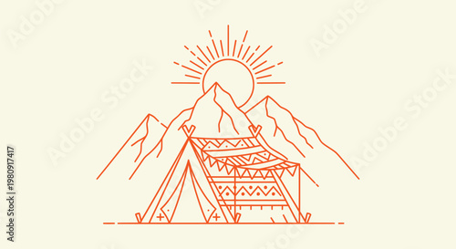 Orange line art vector of a camping tent in the mountains with rising sun for outdoor adventure.
