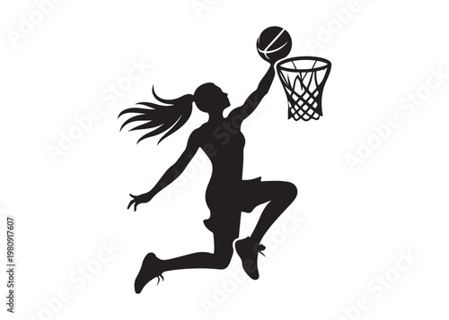 women's basketball dunking logo silhouette vector, basketball logo silhouette vector illustration, sport basketball logo vector, basketball player dunking logo vector silhouette on white background