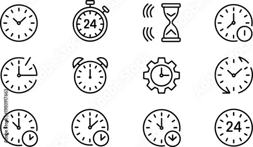 Time management and clock icon set featuring stopwatch alarm schedule deadline countdown and productivity outline vector symbols
