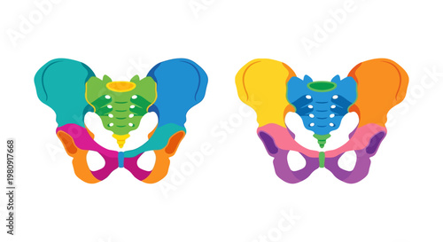 Anatomical illustration of male and female pelvic bones in color