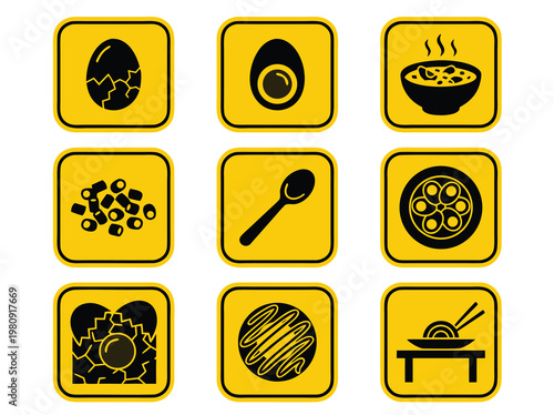 Collection of Food Icons on Yellow Background 2.
