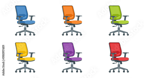 Colorful office chairs arranged in a grid showcasing diverse seating options