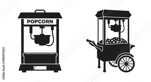 Black and white illustration of two vintage popcorn machines