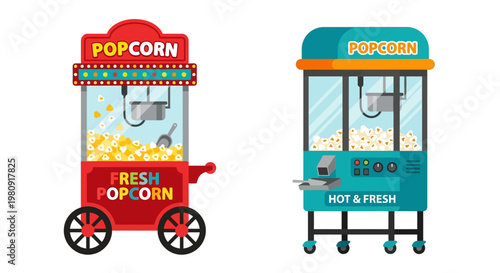 Two colorful popcorn machines displayed side by side offering a tasty treat