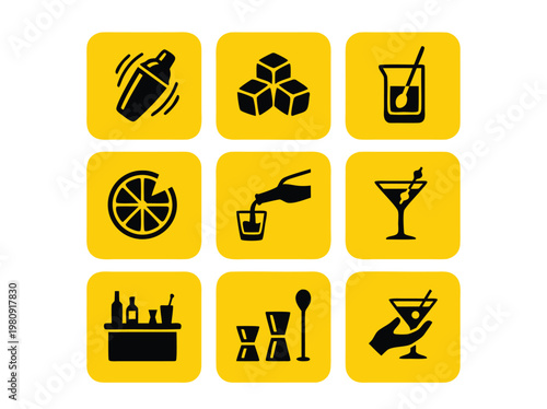 Cocktail Bar Icons Set.