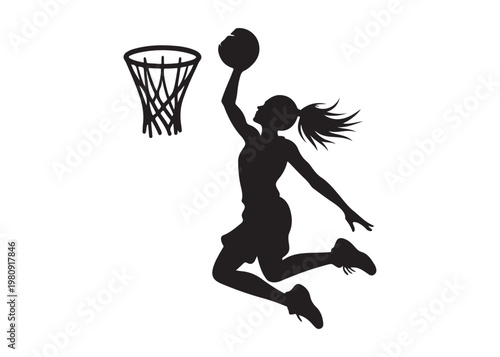 women's basketball dunking logo silhouette vector, basketball logo silhouette vector illustration, sport basketball logo vector, basketball player dunking logo vector silhouette on white background