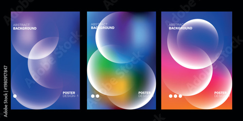Abstract Spherical Designs set of three modern posters features soft, translucent spheres overlaying vibrant gradient backgrounds, creating a sense of depth and ethereal beauty. 