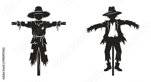 Two black silhouette illustrations of traditional scarecrows in a field