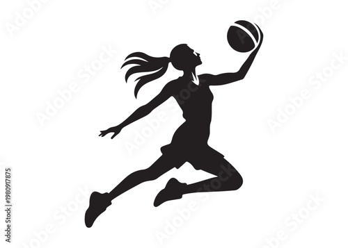 women's basketball dunking logo silhouette vector, basketball logo silhouette vector illustration, sport basketball logo vector, basketball player dunking logo vector silhouette on white background