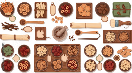 Traditional herbal medicine set with dried roots, herbs, spices, and tools, natural healing ingredients collection vector illustration