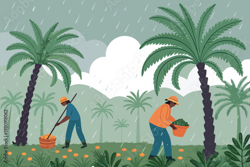 Palm Plantation Rainy Day Scene Vector Illustrati