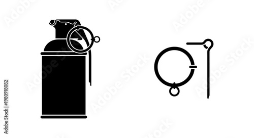 Black silhouette icons depicting a grenade and its pin mechanism