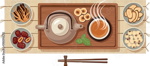 Traditional herbal tea serving set with teapot, cup, dried herbs, fruits, and wooden tray, Asian wellness drink vector illustration