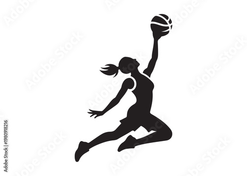 women's basketball dunking logo silhouette vector, basketball logo silhouette vector illustration, sport basketball logo vector, basketball player dunking logo vector silhouette on white background