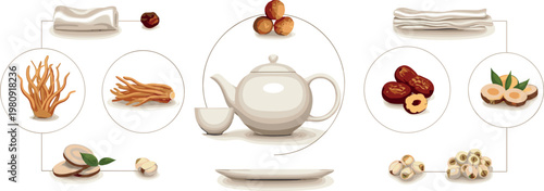 Traditional herbal tea set with teapot, cup, dried herbs, roots, and natural ingredients, holistic wellness vector illustration composition