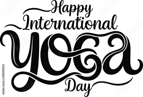 Happy International Yoga Day celebration with elegant calligraphy text on transparent background