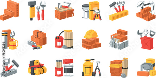 Construction materials and tools collection with bricks, cement and equipment, detailed vector illustration set for building, engineering, renovation and industrial work design