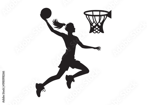 women's basketball dunking logo silhouette vector, basketball logo silhouette vector illustration, sport basketball logo vector, basketball player dunking logo vector silhouette on white background
