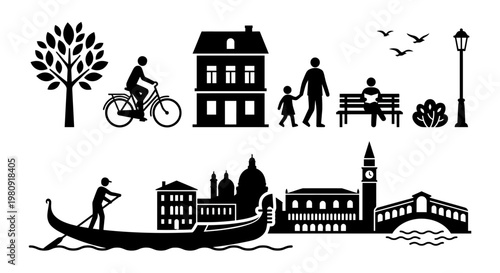 Simple black silhouette illustration depicting a park and city scenes