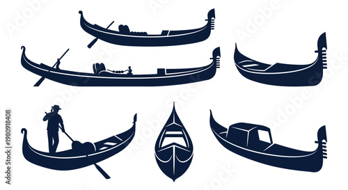 Collection of venetian gondolas in various perspectives and styles