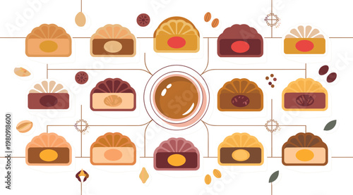 Traditional mooncake assortment collection with tea centerpiece, various fillings, decorative elements, and festive Mid Autumn Festival vector illustration