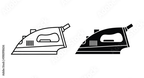 Two black and white illustrations of modern clothing irons a striking silhouette