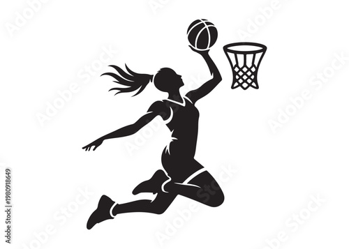 women's basketball dunking logo silhouette vector, basketball logo silhouette vector illustration, sport basketball logo vector, basketball player dunking logo vector silhouette on white background