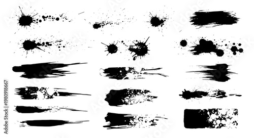 Splatter ink set with various black paint marks and grunge effects featuring splatters, dots, lines with brush strokes and artistic elements for