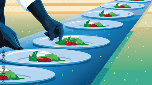 Plating Gourmet Dishes Scene Vector Illustration